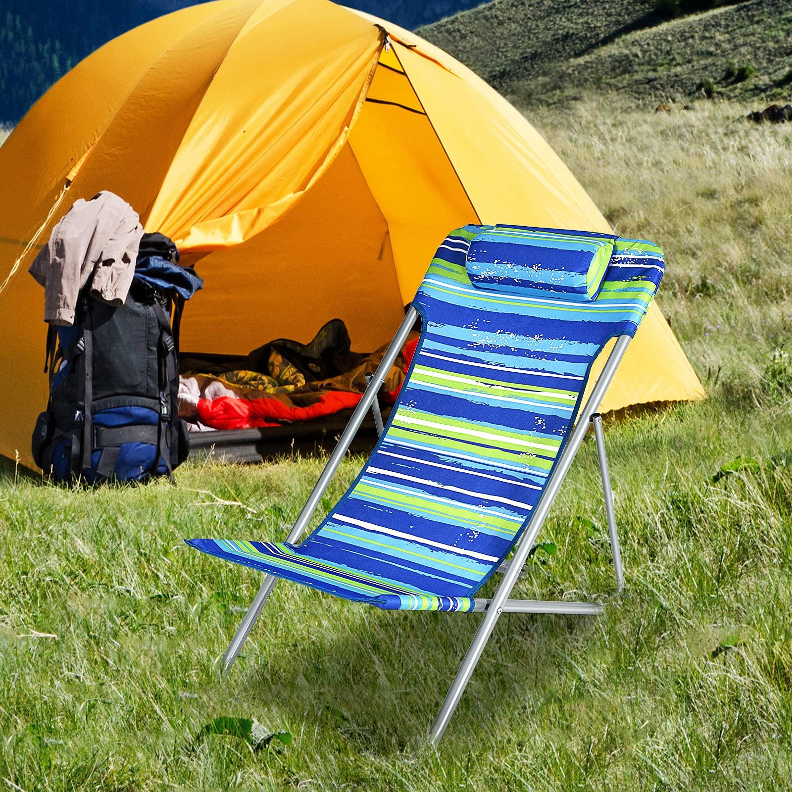 Giantex Giantex Beach Chair for Adults Camping Chair Set, Sunbathing Backpack Folding Recliner with 3 Adjustable Position, Lockable System, Headrest, Non-Slip Foot Pads, Lightweight Sand Chair (2, Blue)