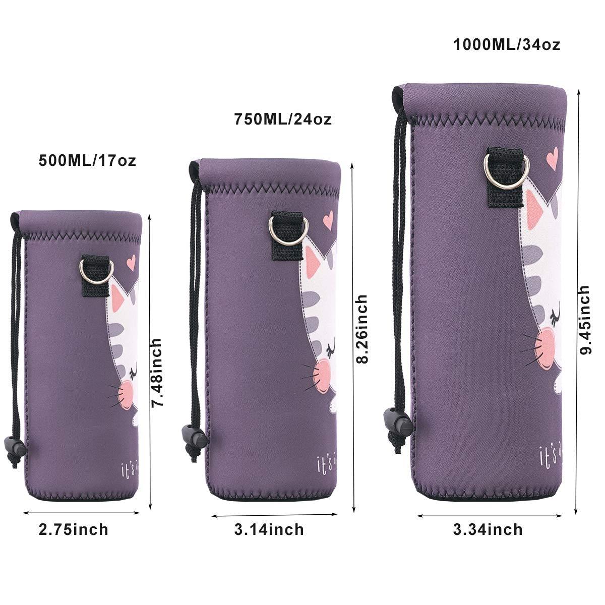 RICHEN RICHEN Neoprene Water Bottle Carrier Bag with Adjustable Shoulder Strap,Insulated Water Bottle Cover for 1000ml/32oz Stainless Steel/Glass/Plastic Bottles (Cute Cat,1000ML)