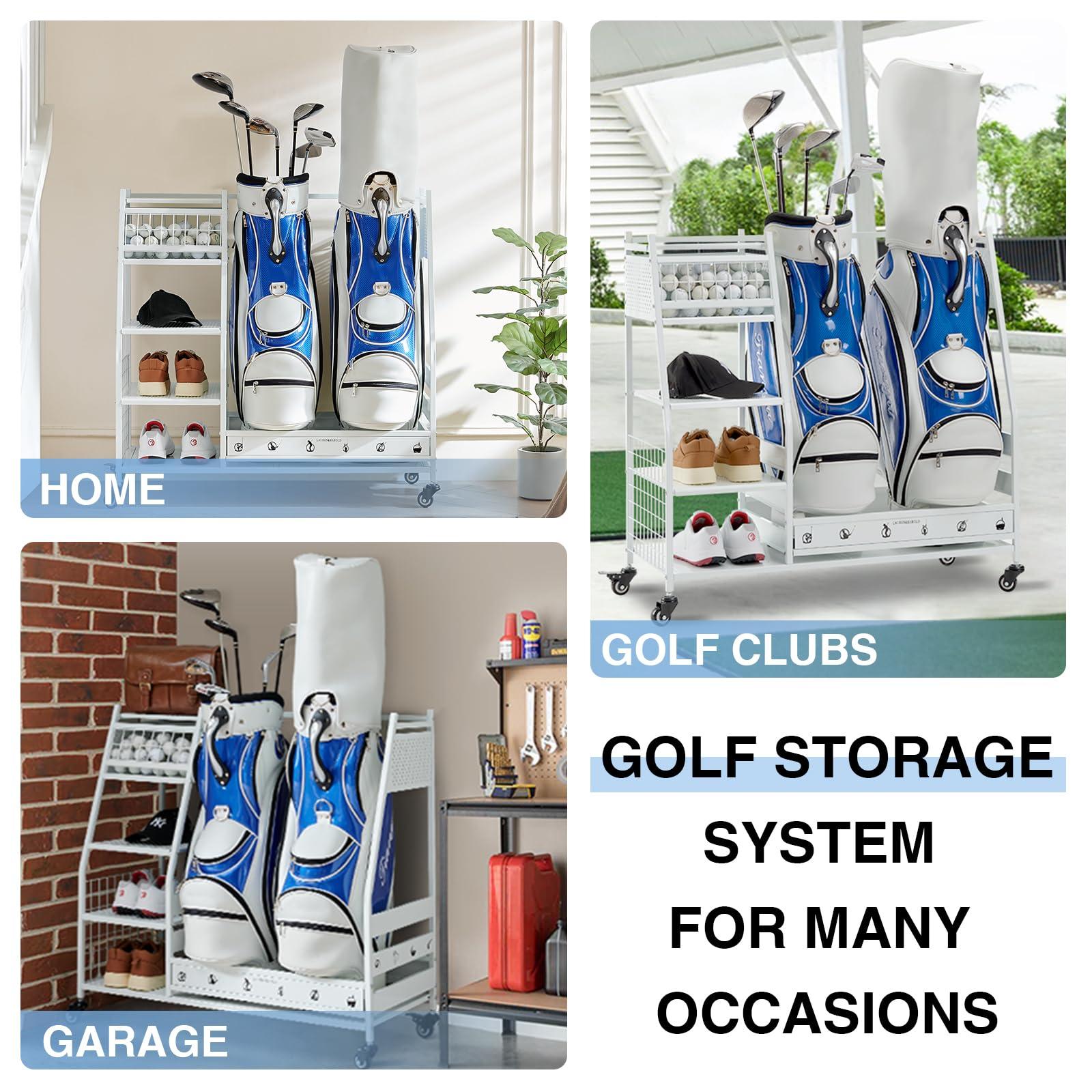 Lauren Harold Lauren&Harold Golf Bag Organizer - Fits 2 Bags, Clubs & Accessories - Garage, Shed, Basement Storage, White