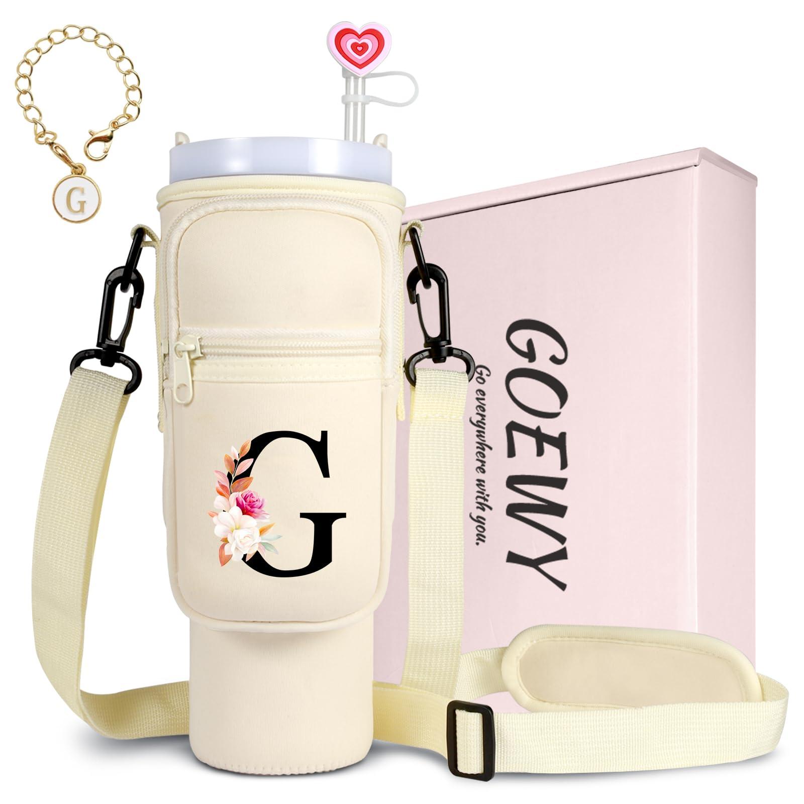 GOEWY GOEWY Water Bottle Carrier Bag for Stanley 30 oz Tumbler with Handle Neoprene Water Bottle Holder Pouch Stanley Cup Accessories Gift Set with 1 Straw Cover & 1 Letter Charm G
