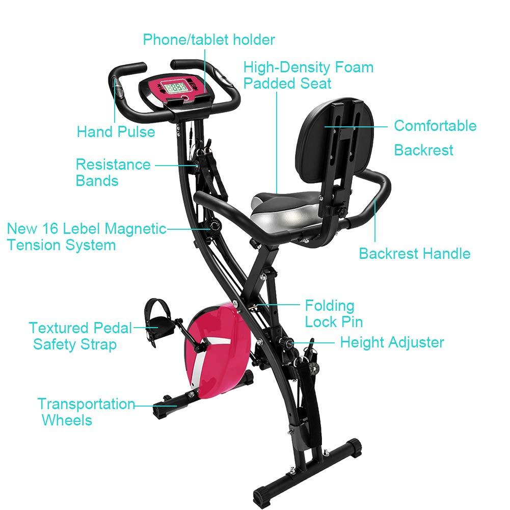 MTFY MTFY 3 IN 1 Magnetic Foldable Upright Exercise Bike, Workout Cycling Folding X Bike w/Hand Pulse Sensor, LCD Display, Large Backrest, Comfy Seat and Handles, Stationary Recumbent Bike (Pink)