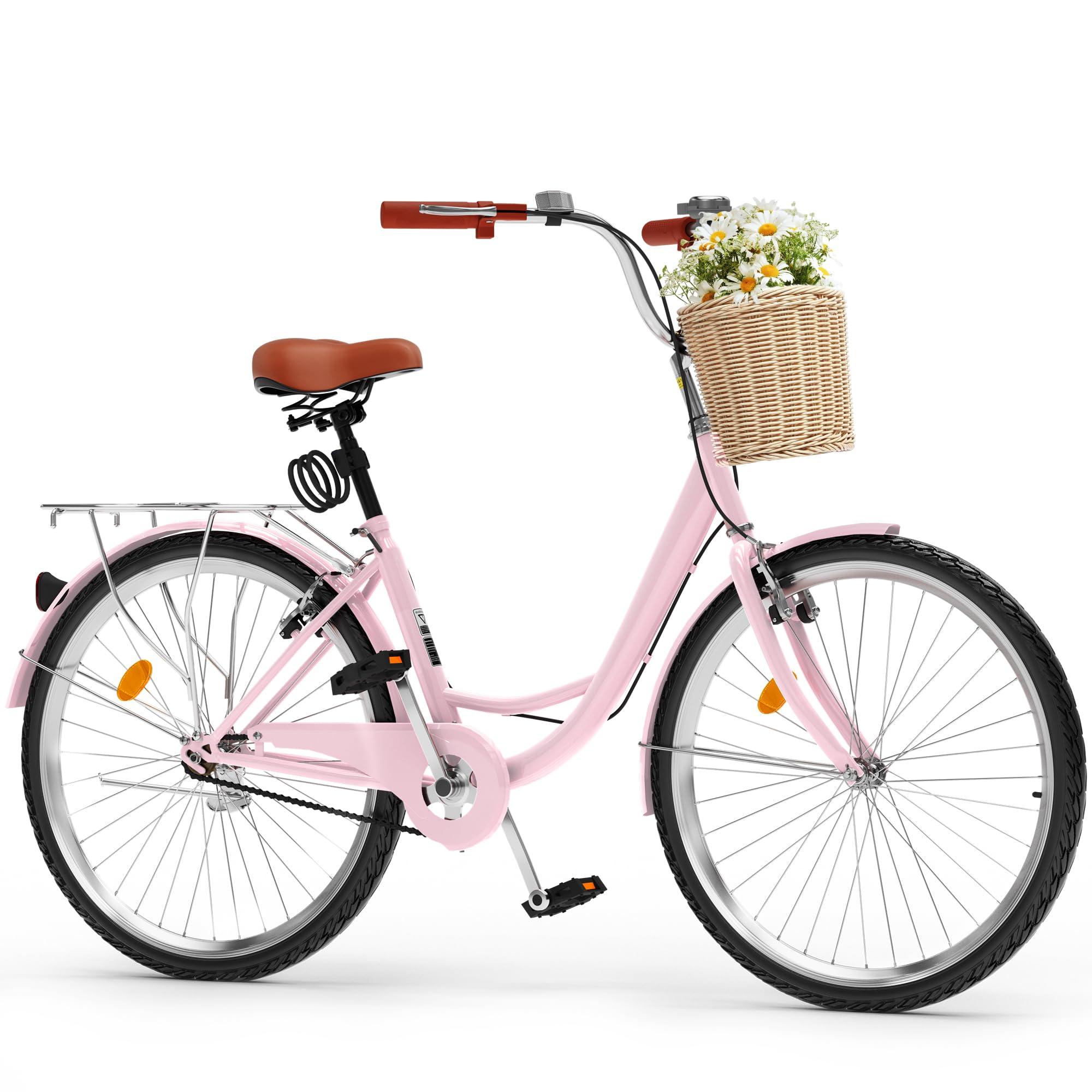 YITAHOME YITAHOME 24 Inch Beach Cruiser Bike for Women, 1 Speed Commute Bicycle for Adults, Women Bike with Adjustable Seat & Basket, Multiple Color