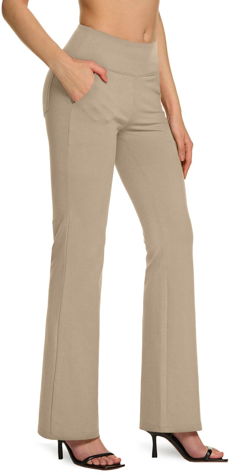 TSLA TSLA Women\'s Yoga & Dress Pants, Office Business Casual Work Slacks, Stretch Straight Leg/Bootcut Pants with 4 Pockets, Bootcut Khaki, Large