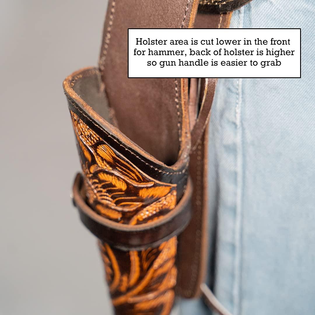 Open Road Goods 38/357 Caliber Western Leather Gun Holster & Belt - Cowboy Style Single Drop Rig Standard Barrel - Authentic Handmade Hand Tooled (Brown, 54)