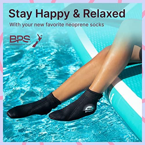BPS BPS \'Storm Sock\' Neoprene Wetsuit Socks - with Anti-Slip Sole - Unisex Socks for Snorkeling, Beach Volleyball, Surfing, Scuba Diving, Fin Socks - Low Cut (Black/White Accent, Small)