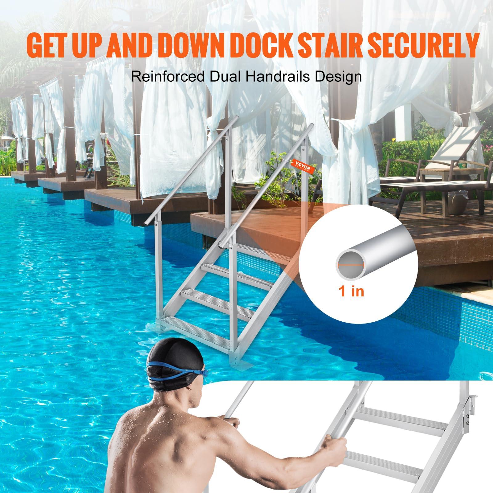 VEVOR VEVOR Dock Stairs 4 Steps, 500lbs Load Pool Steps, Adjustable Height Aluminum Dock Ladders, Pontoon Boat Ladder with Handrails & Widen Nonslip Pedals for Lake/Pool/Marine Boarding/RV/House