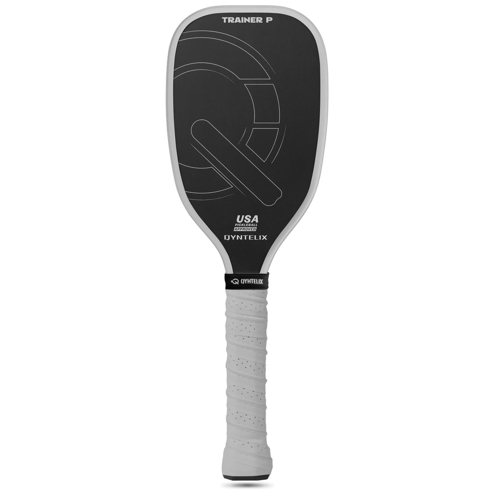 Qyntelix Pickleball Training Paddle -USAPA Approved Pickleball Trainer Practice Paddle, Raw Carbon Fiber Particle Paint Frosted Surface, Extra Long Handle, 16mm Core Sweet Spot Training,Gray