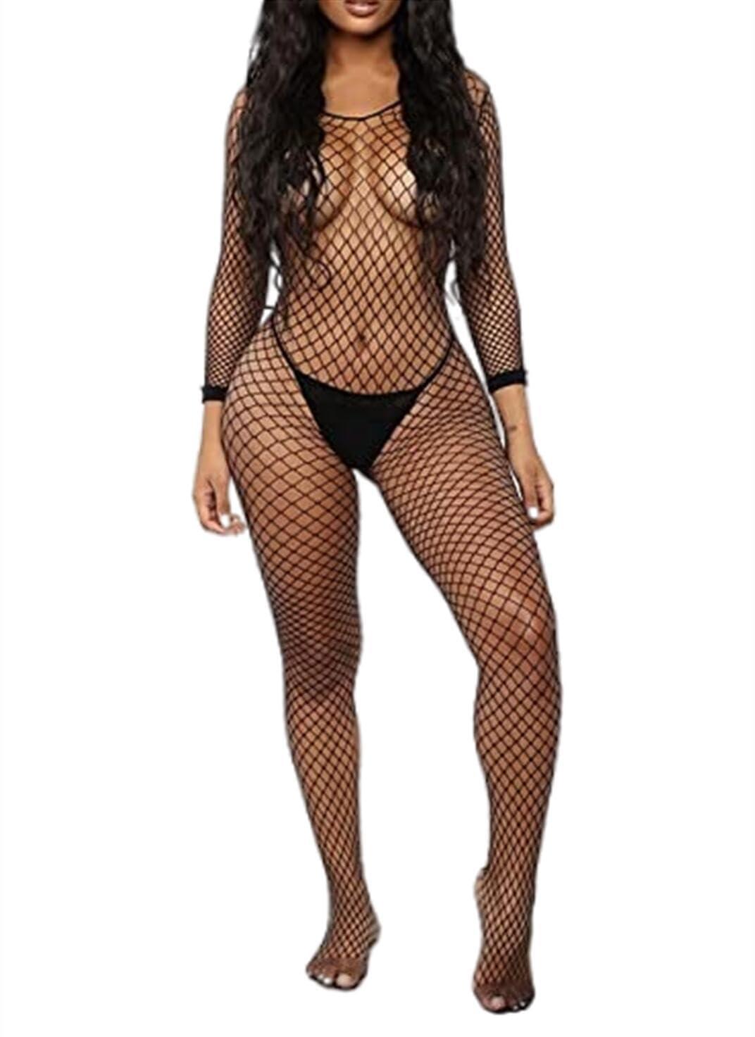 Walang Lip Walang Lip Women's Sexy Mesh BodyStocking Fishnet Lingerie Long Sleeve Bodysuits One Piece Jumpsuit Underwear Nightwear for Romantic Date Wearing (Black)
