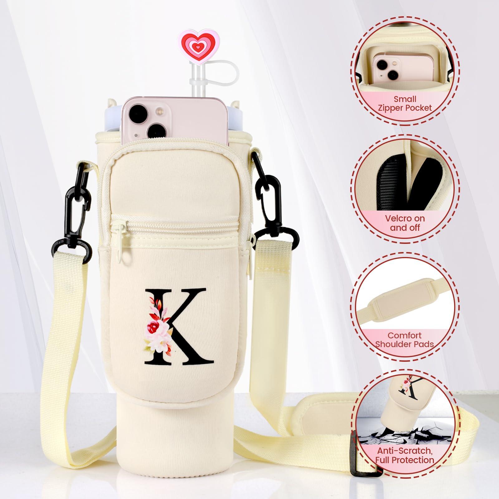 GOEWY GOEWY Water Bottle Carrier Bag for Stanley 30 oz Tumbler with Handle Neoprene Water Bottle Holder Pouch Stanley Cup Accessories Gift Set with 1 Straw Cover & 1 Letter Charm G