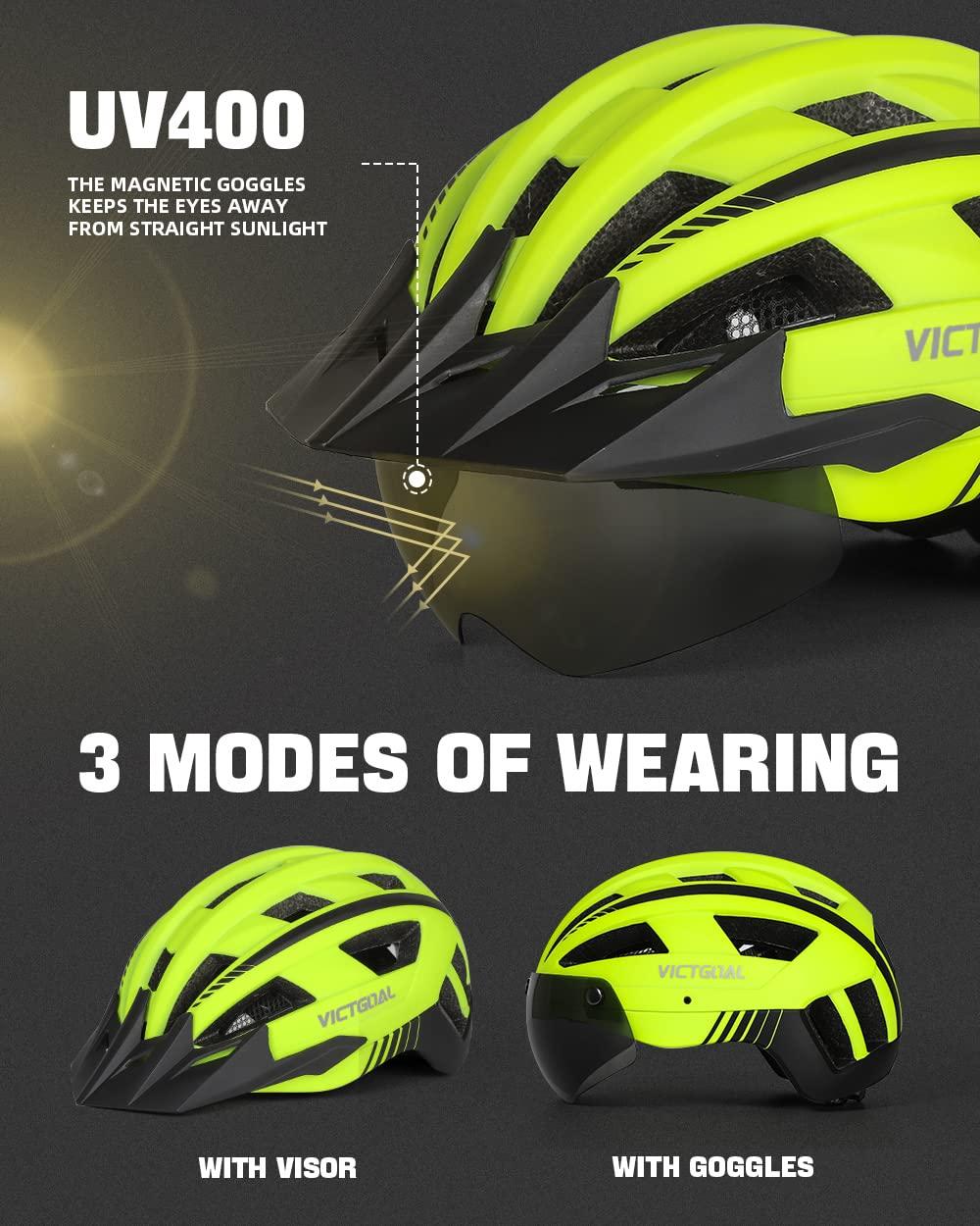 VICTGOAL VICTGOAL Bike Helmet for Men Women with Led Light Detachable Magnetic Goggles Removable Sun Visor Mountain & Road Bicycle Helmets Adjustable Size Adult Cycling Helmets (XL: 59-63 cm, Yellow)