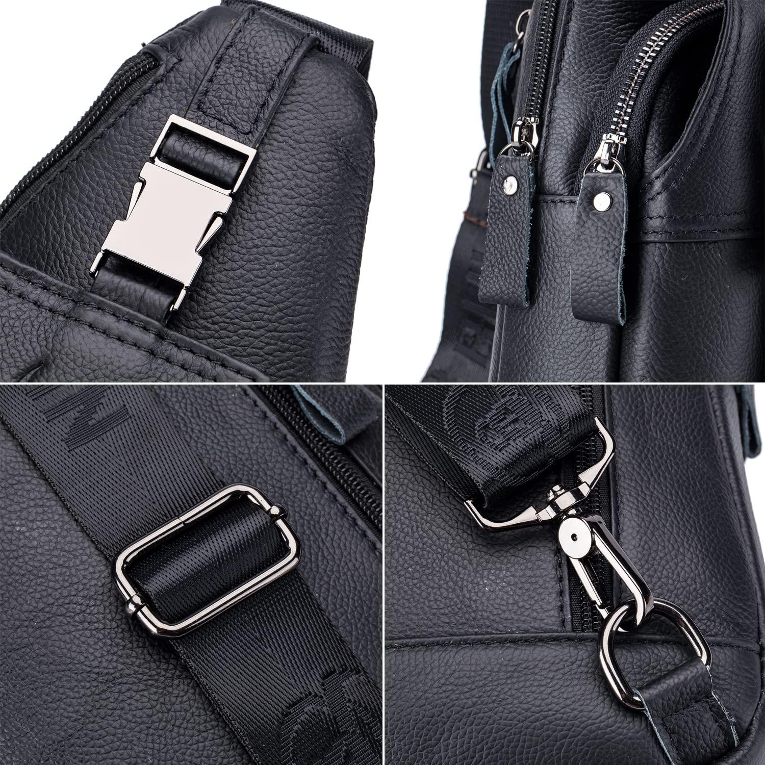 Hebetag Hebetag Leather Sling Crossbody Bag Casual Daypack for Men Women Outdoor Travel Hiking Camping Fishing Shoulder Chest Pack Day Pack, Black