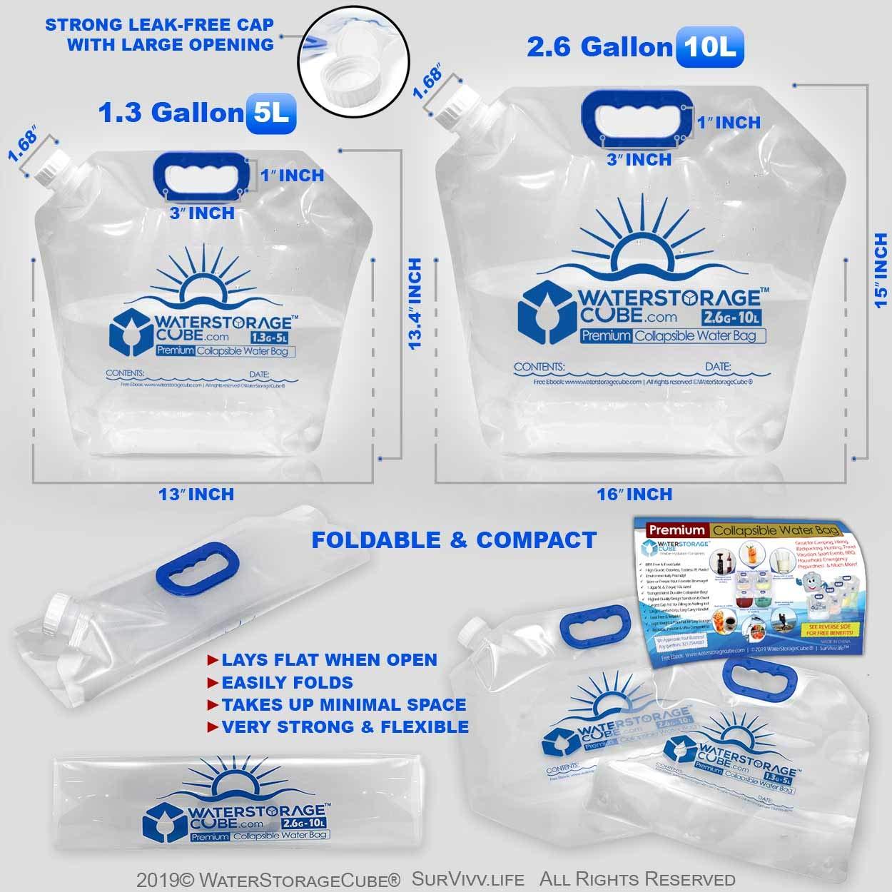 WaterStorageCube WaterStorageCube Premium Collapsible Water Container Bag, BPA Free Food Grade Clear Plastic Storage Jug for Camping Hiking Backpack Emergency, No-Leak Freezable Foldable Water Bottle