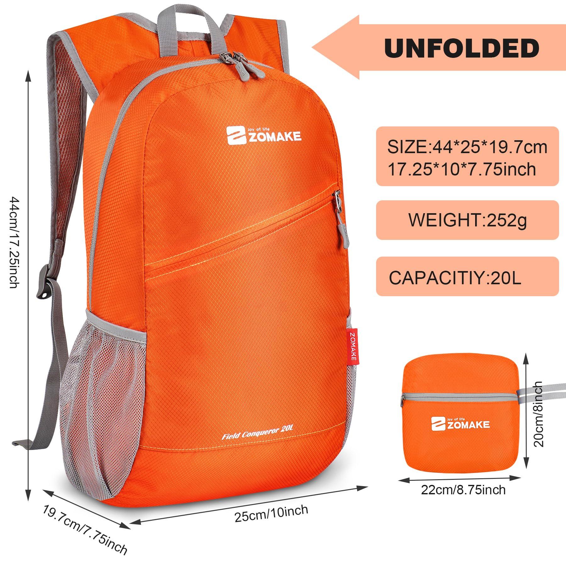 ZOMAKE ZOMAKE Lightweight Packable Backpack 20L - Foldable Backpack Small Daypack Hiking Backpack Water-Resistant Day Bag for Travel(Orange)