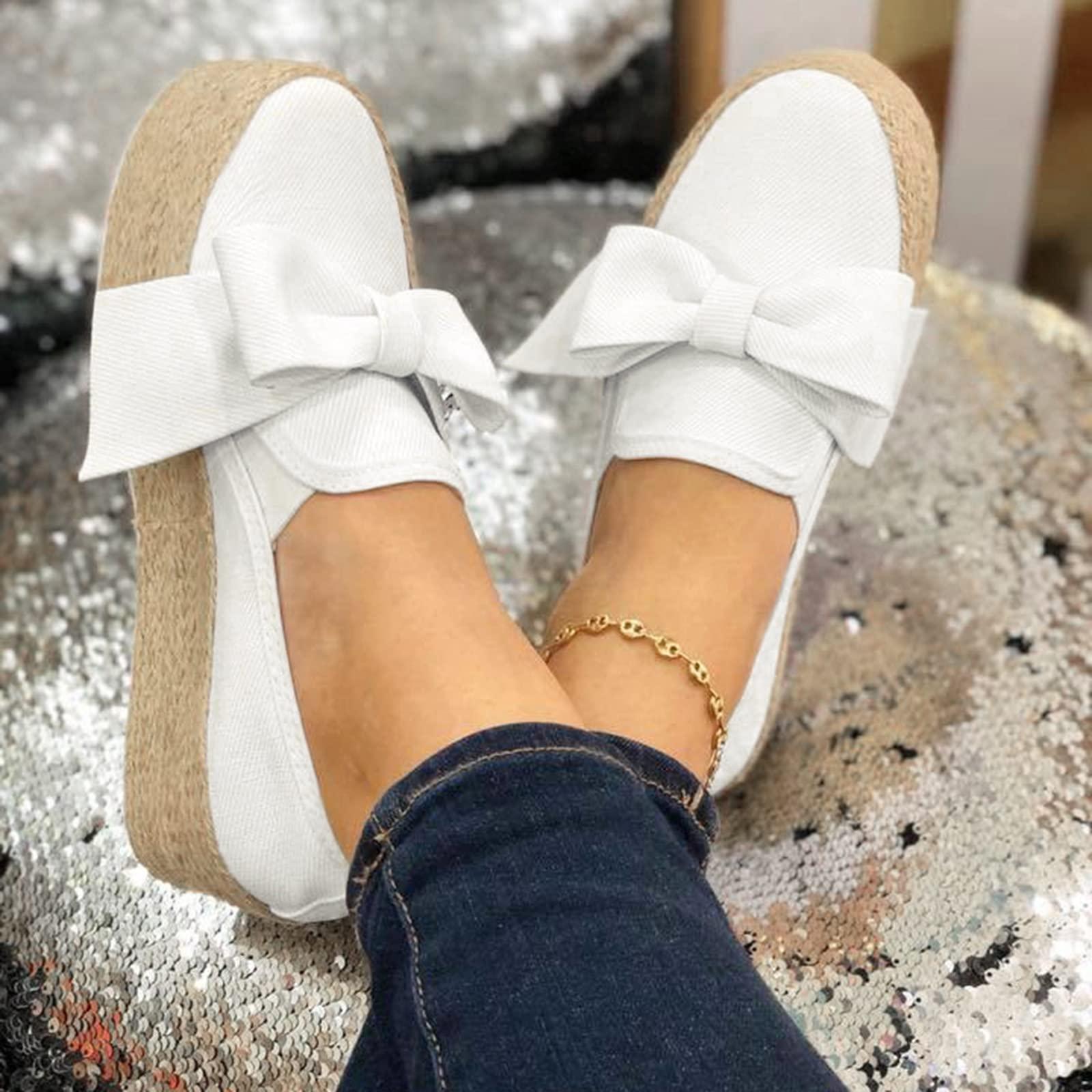 Hbeylia Hbeylia Espadrilles Platform Sneakers For Women Fashion Bowknot Round Toe Chunky Bottom High Heels Canvas Shoes Anti Slip Trendy Slip On Walking Loafers for Outdoor Travel