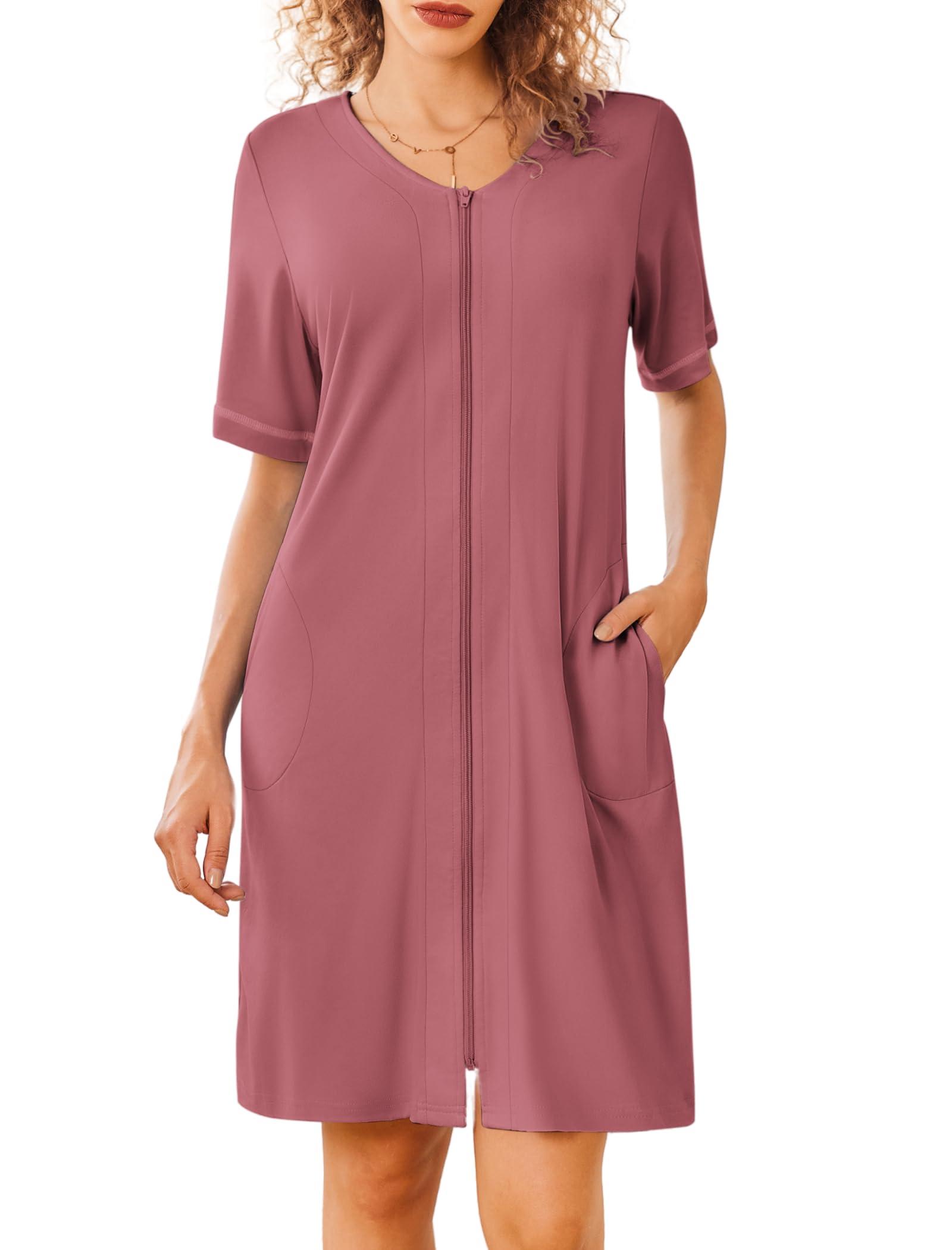 Ekouaer Ekouaer Women Zipper Robes Short Sleeves Housecoat Lightweight Bathrobes Zip Up Robe Casual Nightgown with Pockets Purple Gray Red,XX-Large