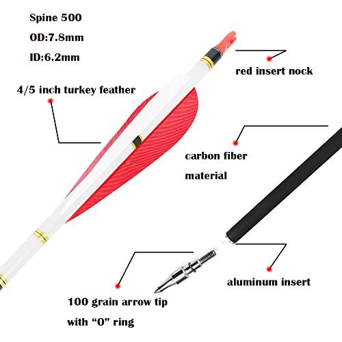 HNZMDY HNZMDY 30 inch Archery Carbon Arrows 500 Spine Hunting Arrows with 4\" 5\" Turkey Feather Fletching 100 Grain Points for Recurve Compound Bow Target Practice (4 inch Arrow Feather, 12 pcs Arrow)