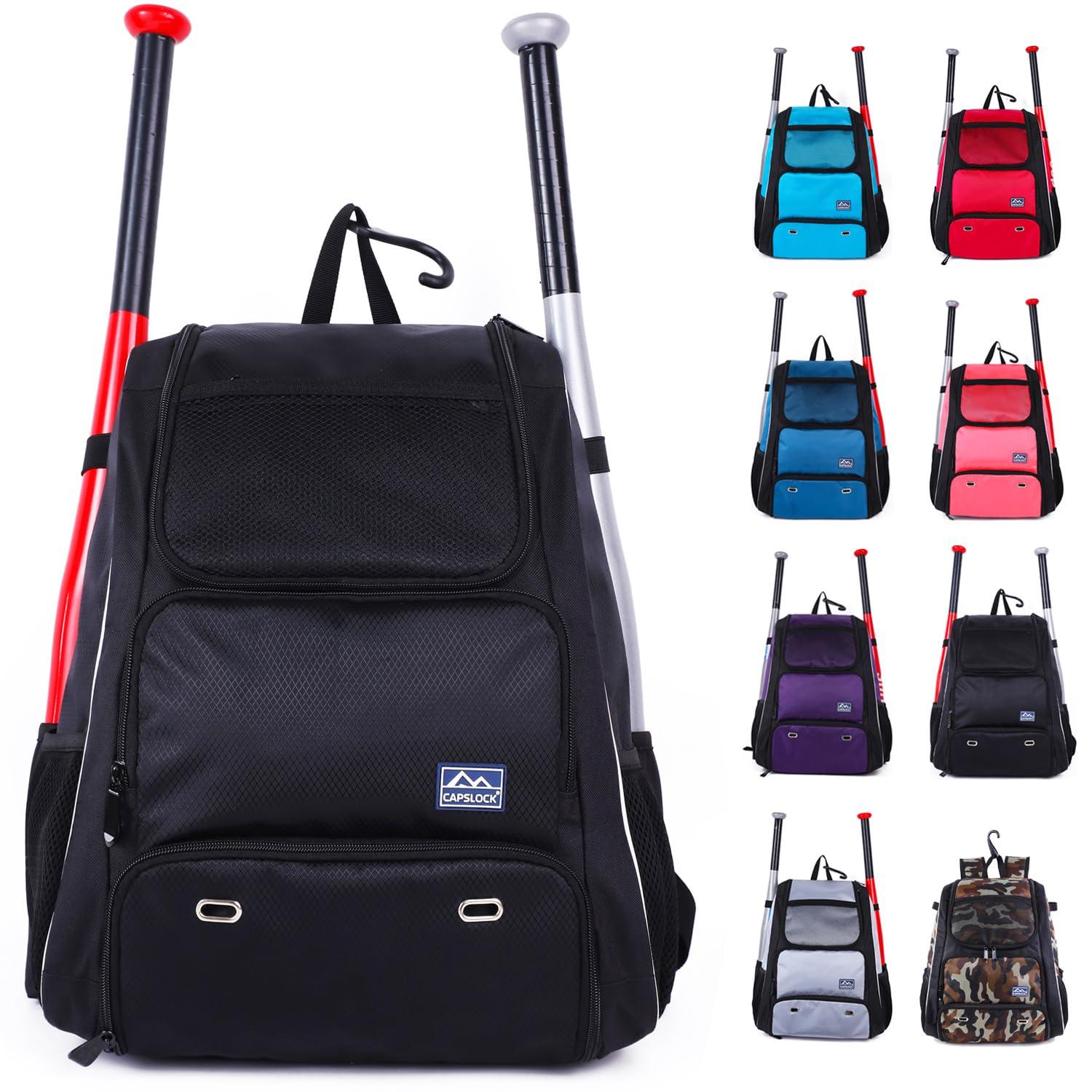 CapsLock Baseball Bat Bag Backpack,T-Ball & Softball Bat Bag with Shoes Compartment for Youth and Adult, Lightweight Baseball Bag with Fence Hook Hold Bat, Batting Mitten, Helmet, Caps, Teeball Gear