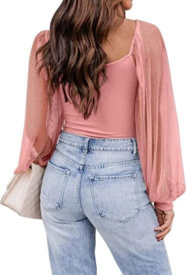 Wfeynia Women Lace Sheer Polka Dots Long Bell Sleeve Tops Scoop Square Neck Tops Dressy Casual Womens Blouses and Tops Dressy Shirts (Pink, S)