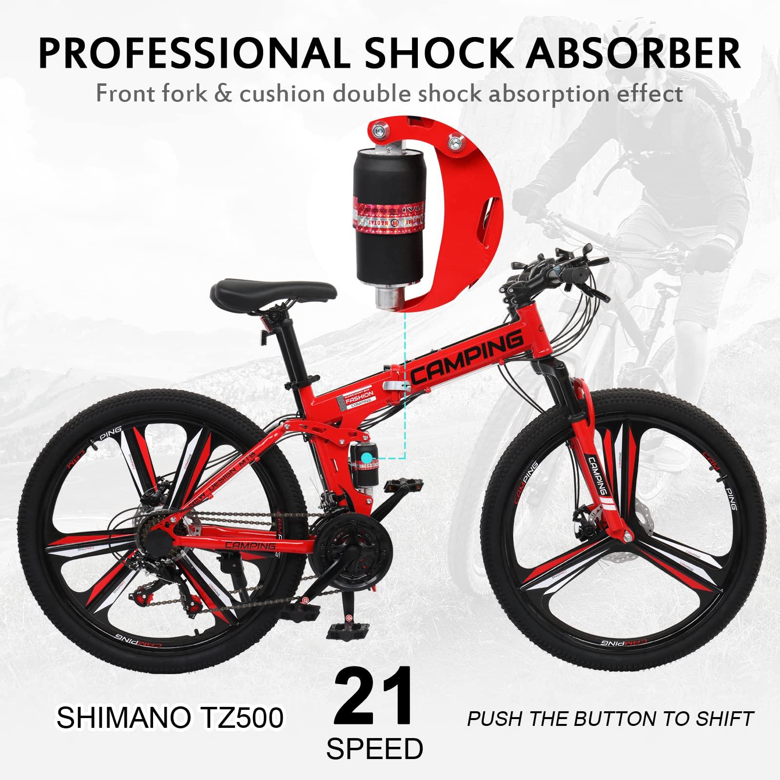 Ktaxon Ktaxon Foldable Mountain Bike 26 Inch Bike 21-Speed Bikes for Adults with Cool Design, Powerful Mechanical Dual Disc Brakes, Double Shock Effect and Ergonomic Cushion (Red)