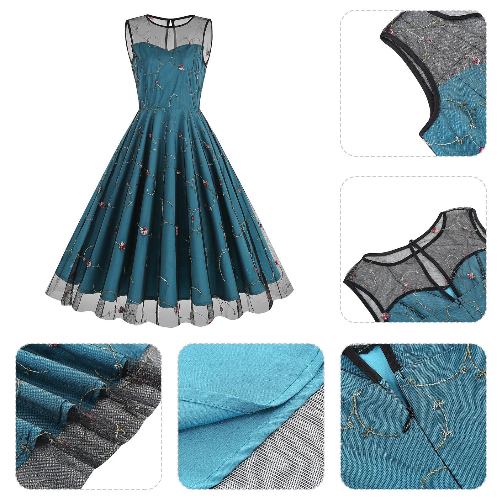 ODOLDI Women Keyhole Floral Embroidery Dress Sheer Mesh Floral Embroidered Dresses Sleeveless Flower Embroidery Tulle Dress for Women Vintage Cocktail Prom Dresses Peacock Blue Floral Small