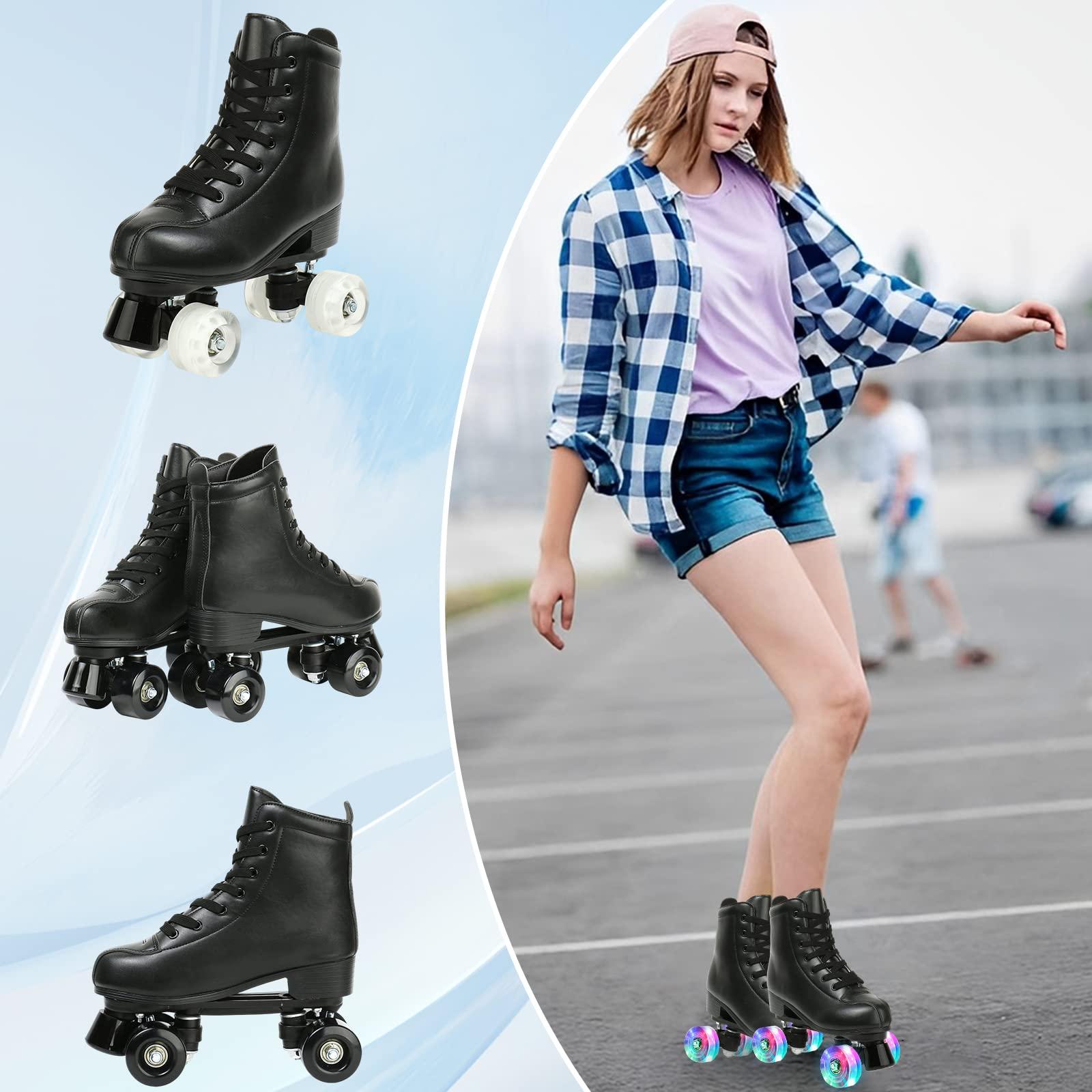 jessie jessie PU Leather Roller Skates Roller Skates for Women Outdoor and Indoor Adjustable Four-Wheel Premium Roller Skates for Women Men Boys and Girls (Flash Wheel,Youth 2)