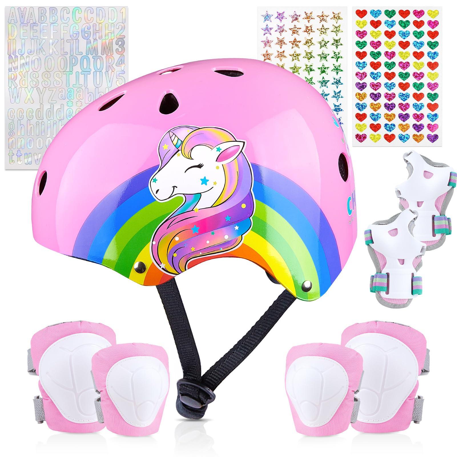 Unicorn Catcher Kids Bike Helmet, Kids Helmets Ages 5-8 with DIY Stickers Kids Knee Pads and Elbow Pads Set Unicorn Toddler Helmets Adjustable Girls Helmet for Age 3-5-8 fit Skateboarding, Roller Skates, Scooter