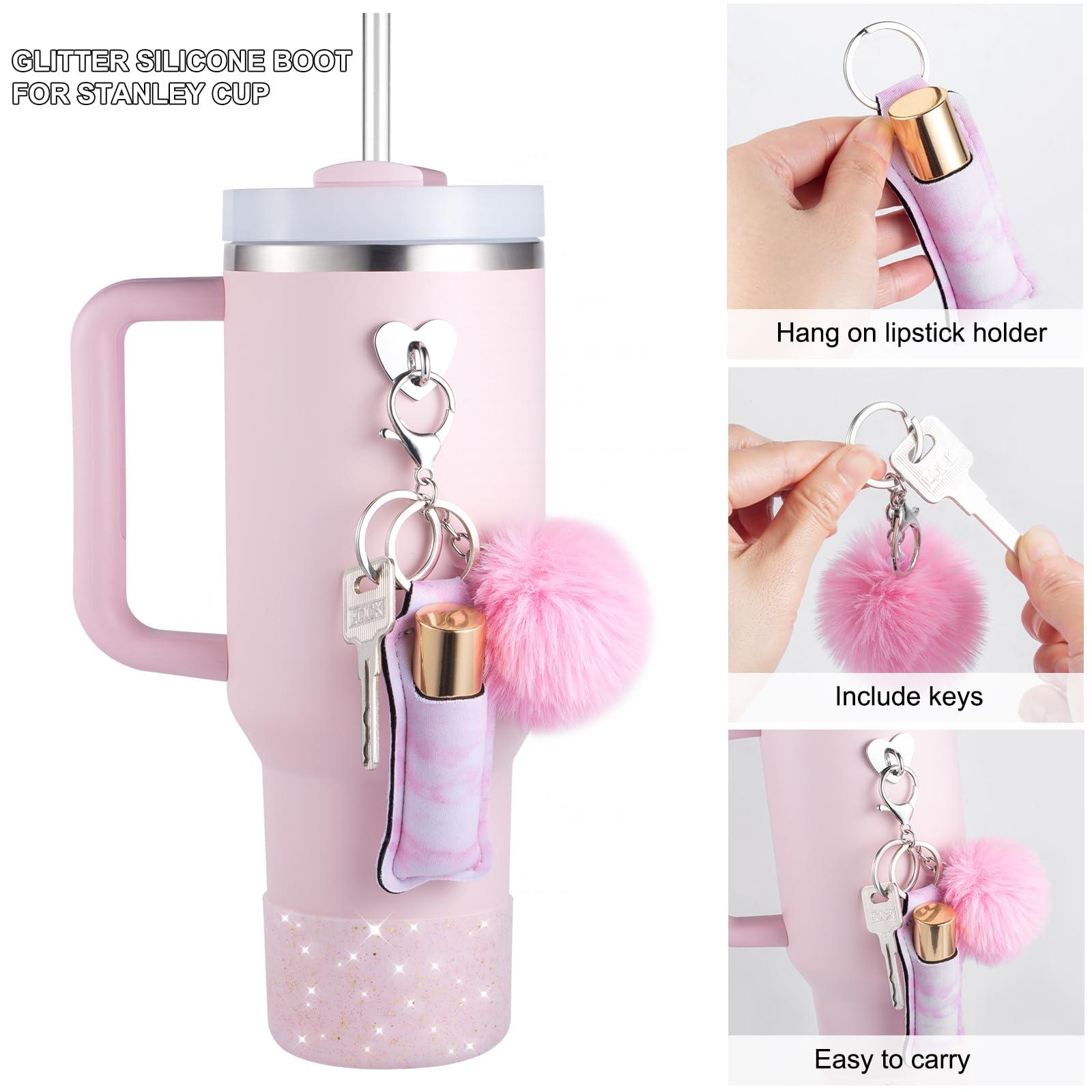 FXTBE FXTBE Silicone Boot for Stanley Cup 40 OZ, Glitter Boots for Stanley Quencher 30 20 OZ, Bottom Cover for Hydroflask 40-12 OZ, Pom Keychain, Lipsticker Holder for Stanley Cup Accessories