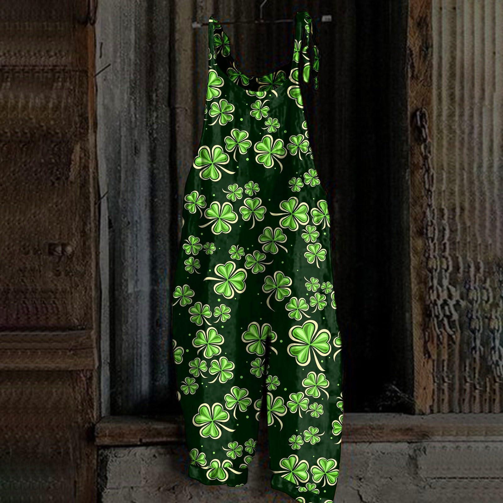 Basysin Basysin St. Patrick's Day Overalls for Womens Printed Rompers Spaghetti Strap Jumpsuits Plus Size Loose Overall Long Pants 05-Black Small