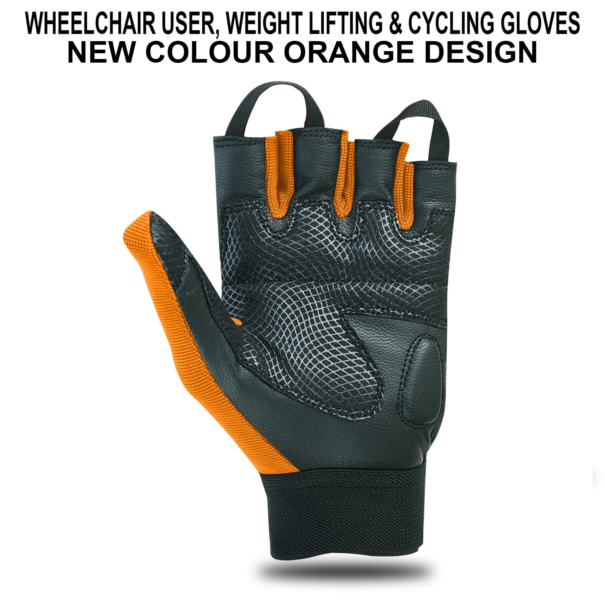 BTR BORN TO RACE BTR BORN TO RACE Wheelchair User Gloves Mobility Disability Fingerless Long Thumb Leather Palm for Men and Women Workout Weight Lifting, Cycling, Driving Gloves New Camo Design Unisex (L, Orange)