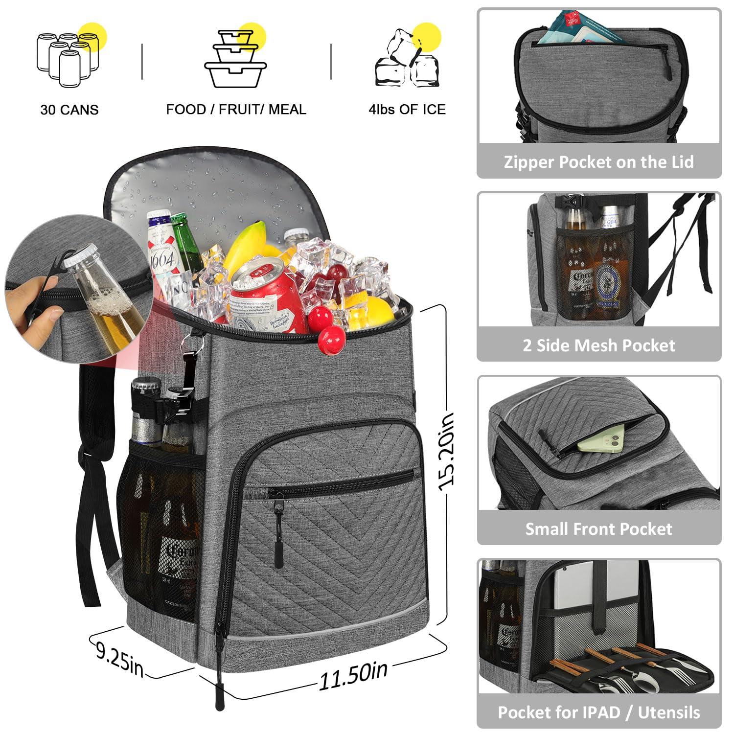Capolo Cooler Backpack Insulated Leakproof Waterproof Backpack Cooler Bag 30 Cans, Large Capacity Lightweight Travel Camping Beach Drink Beverage Beer Bag Cooler Ice Chest for Men and Women, Grey