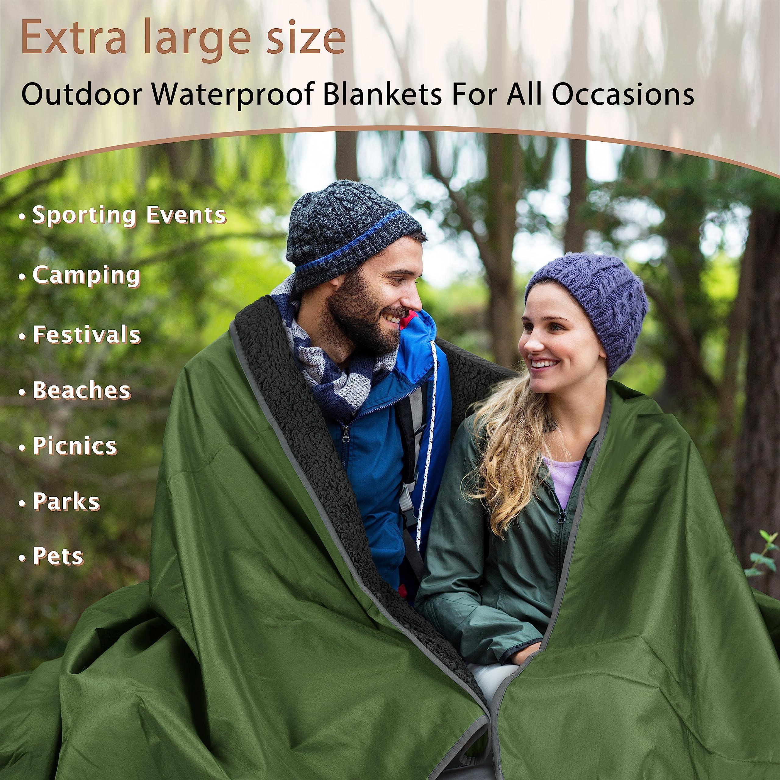 Tirrinia Tirrinia Waterproof Outdoor Blanket with Sherpa Lining, Windproof Triple Layers Warm Comfy Foldable for Camping Stadium, Sports, Picnic, Grass, Concert, Pet, Travel, Emergency Car Blanket 51\'\'X 59\'\'