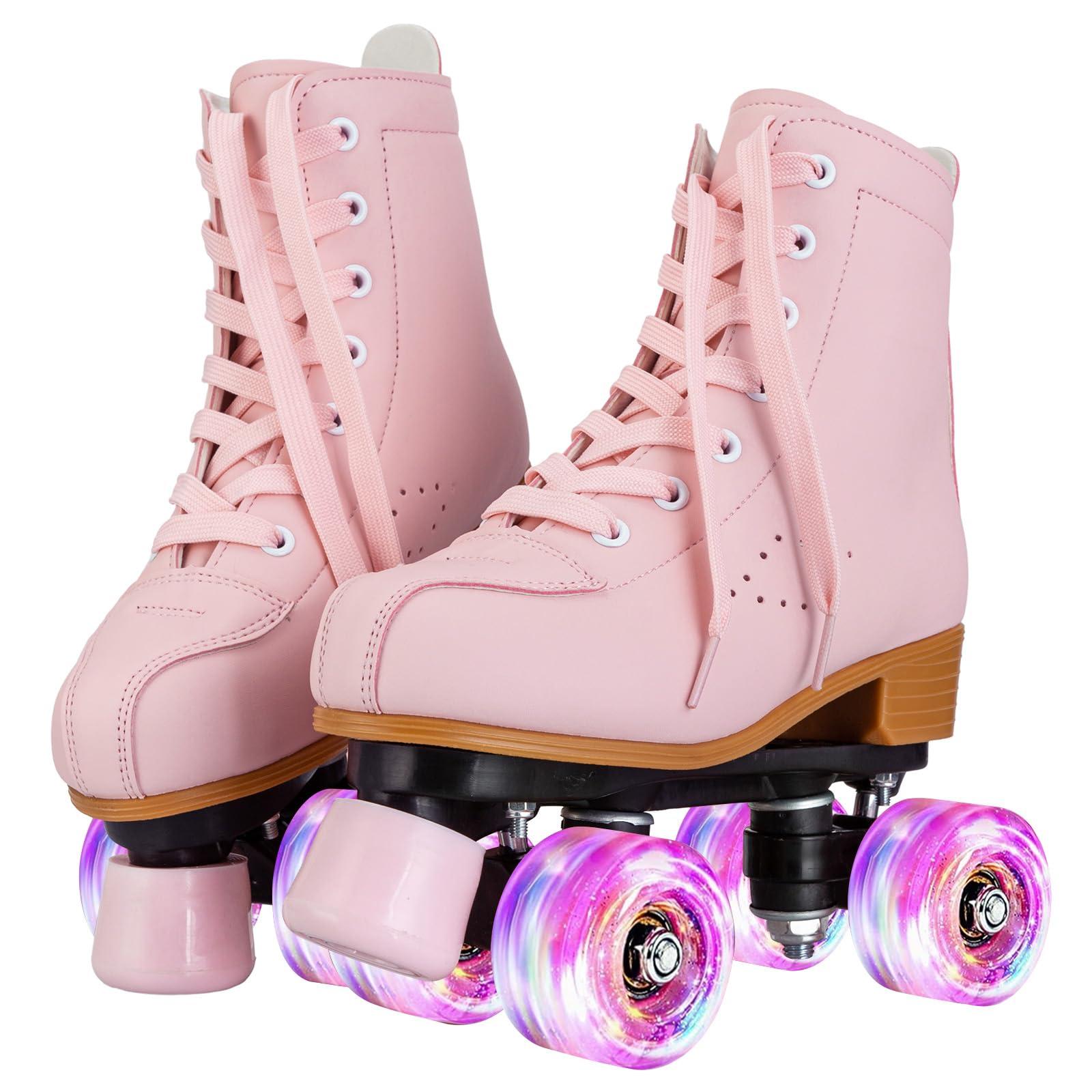 YYW YYW Roller Skates for Girls and Women, Fantastic Pink Purple PU Leather Light Up Kids Youth Roller Skates, Indoor Outdoor Roller Skates Girls Ages 8-12 (37-US Women 7/ Youth 6,Pink)