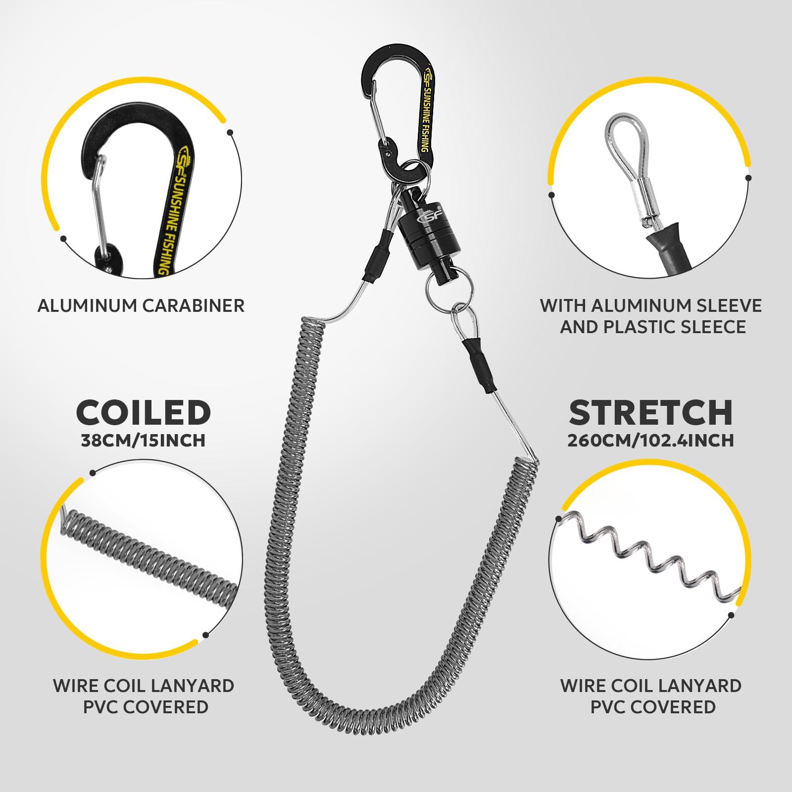 SF SF Strongest Magnetic Release Holder Keychain Fly Fishing Net Retractor Magnet Clip with Coiled Lanyard Carabiner - Black