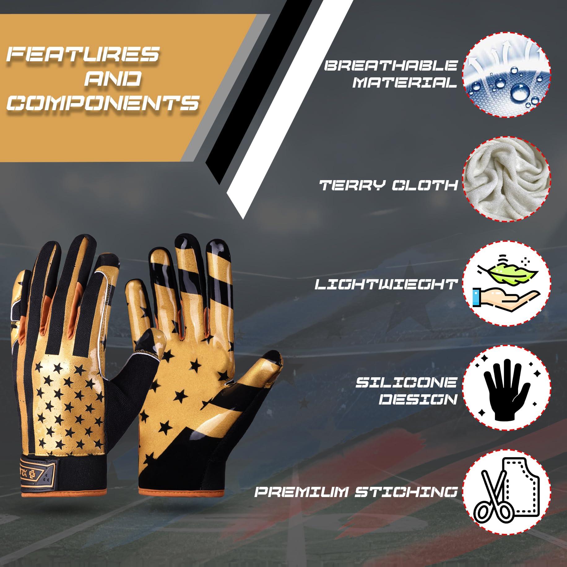 LYRX LYRX Professional Football Receiver Gloves with Optimal Silicone Palm Non-Slip Grip Control Ultra-Stick Sports Lightweight Glove and Precision Fit (Black-Gold Flag, Adult XL (7.8"))
