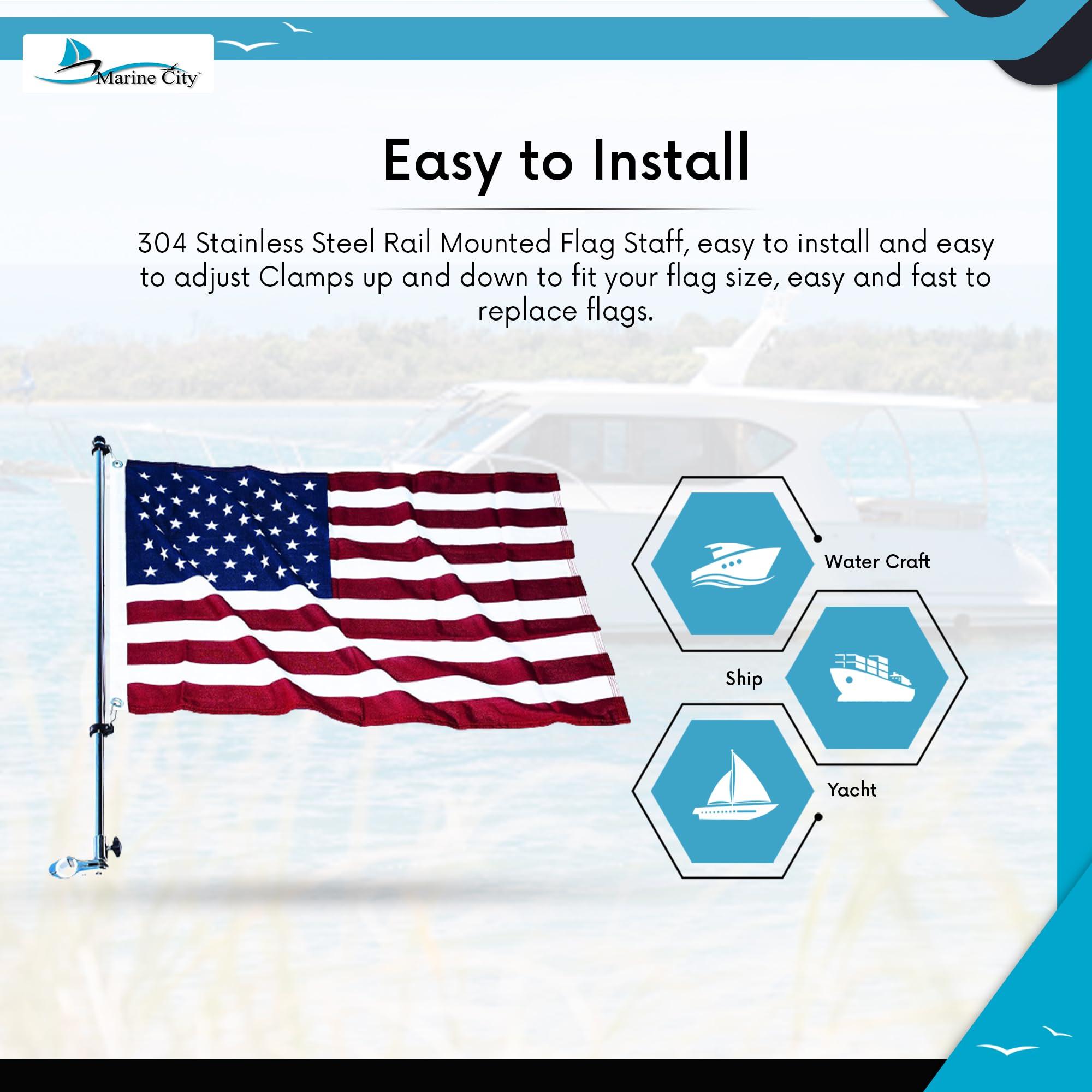 MARINE CITY MARINE CITY 304 Grade Stainless Steel 22 Inches Flag Pole Base Bright-Polished Attractive Finish Rail Mounted Flag Rod and 20 Inches x 30 Inches US Flag for Marines Boats Yachts (1 Set)