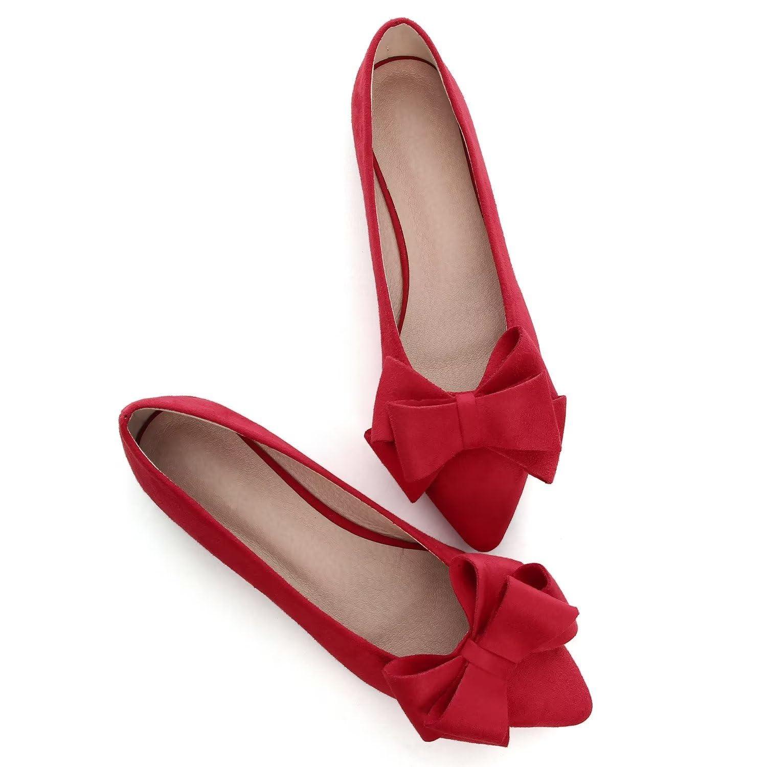Hee grand Hee grand Cute Bow-Knot Pointed Toe Ballet Flats for Women Comfort Work Shoes Suede Dress Shoes Casual Slip on Loafers,Red 10.5