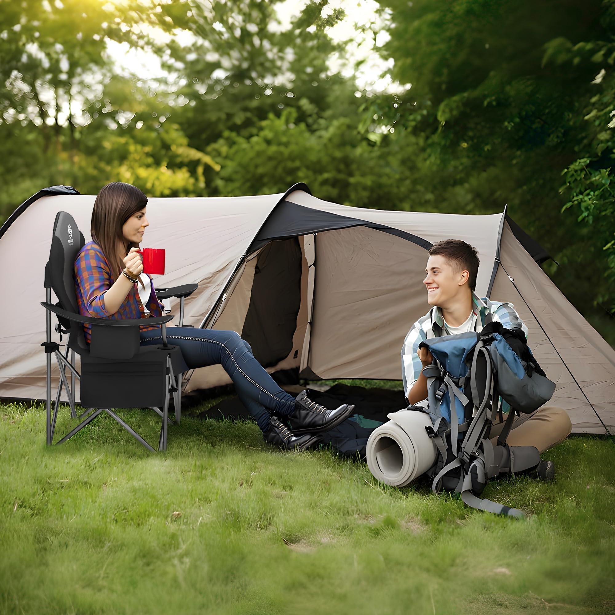 Coastrail Outdoor Coastrail Outdoor Camping Chair Oversized Padded Folding Quad Arm Chairs with Lumbar Back Support, Cooler Bag, Cup Holder & Side Pocket, Extra Head Pocket, Black&Gray