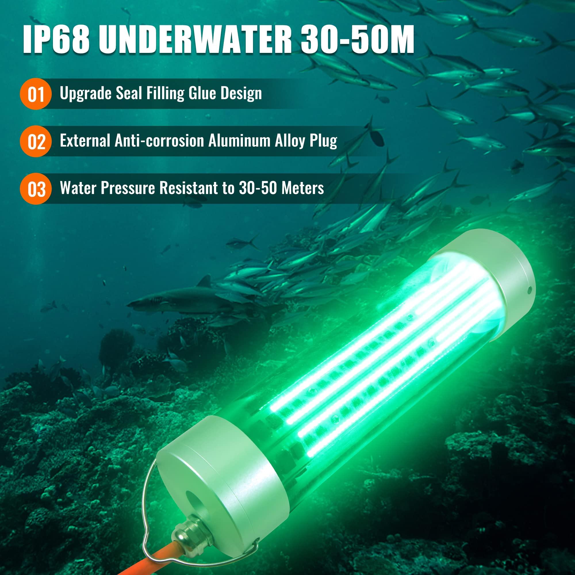 HUSUKU HUSUKU FS3-1 LED Underwater Fishing Light - AC110V 800W 80,000LM with 50ft Cord Green Night Fishing Finder, Fish Attractor, IP68 Led Submersible Lamp for Dock, Crappie, Snook, Squid, Shad, Shrimp