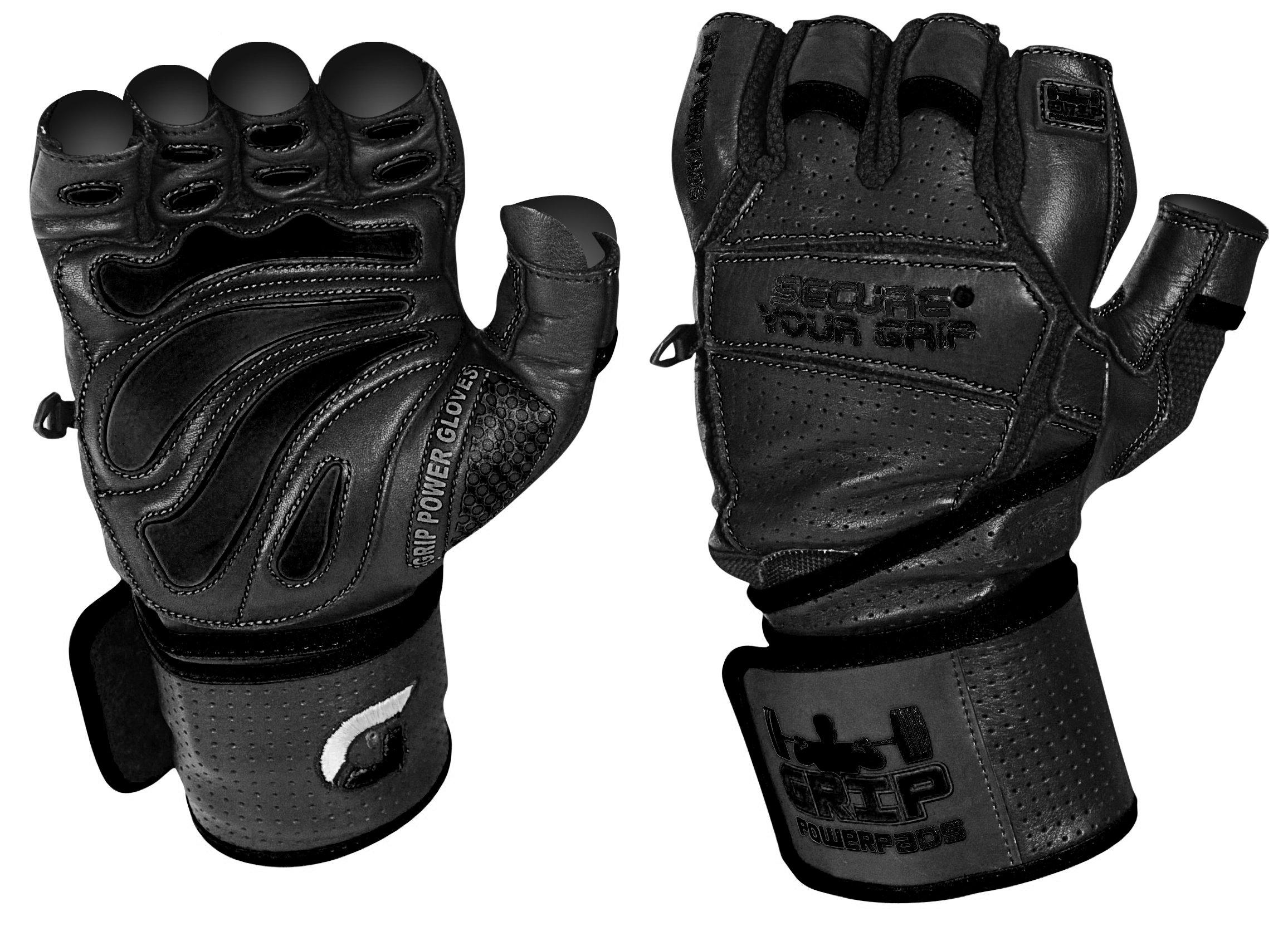 Grip Power Pads Elite Leather Gym Gloves with Built in 2" Wide Wrist Wraps Best Leather Glove Design for Weight Power Lifting Bodybuilding & Strength Training Workout Exercises (Black, Large)