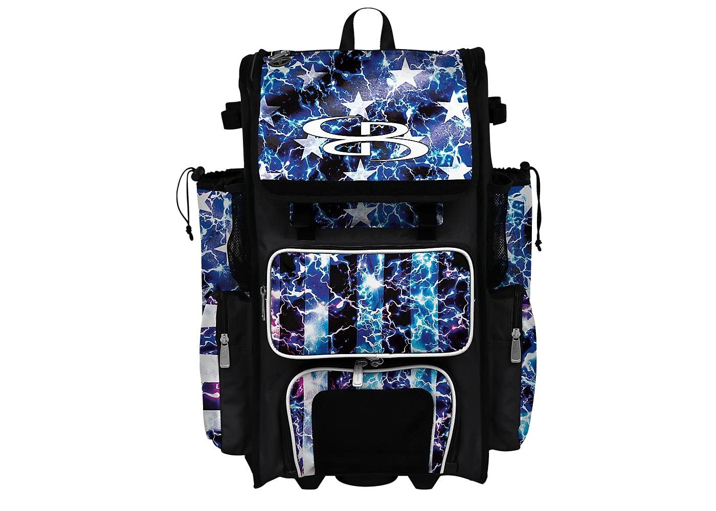 Boombah Boombah Rolling Superpack 2.0 Baseball/Softball Gear Bag - 23-1/2\" x 13-1/2\" x 9-1/2\" - USA Banner Black/Royal Blue/White - Telescopic Handle - Holds 4 Bats - Wheeled Version