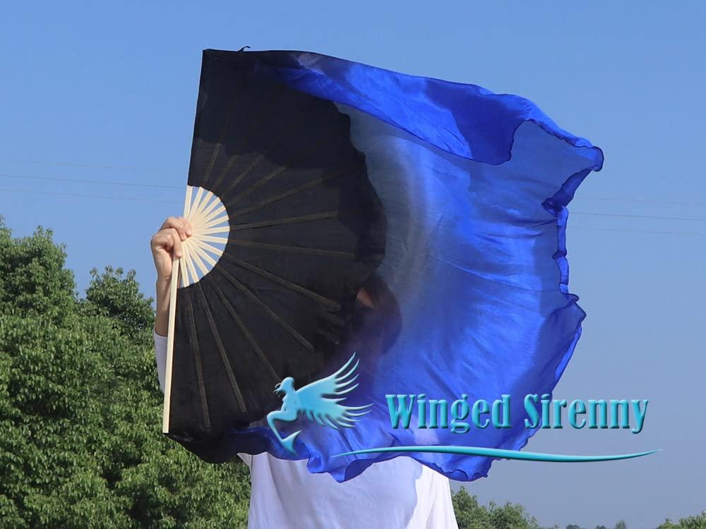 Winged Sirenny Winged Sirenny Large Single Belly Dance Silk Flutter, 45in Wide Short Silk Fan Veil Right Hand(black&blue)