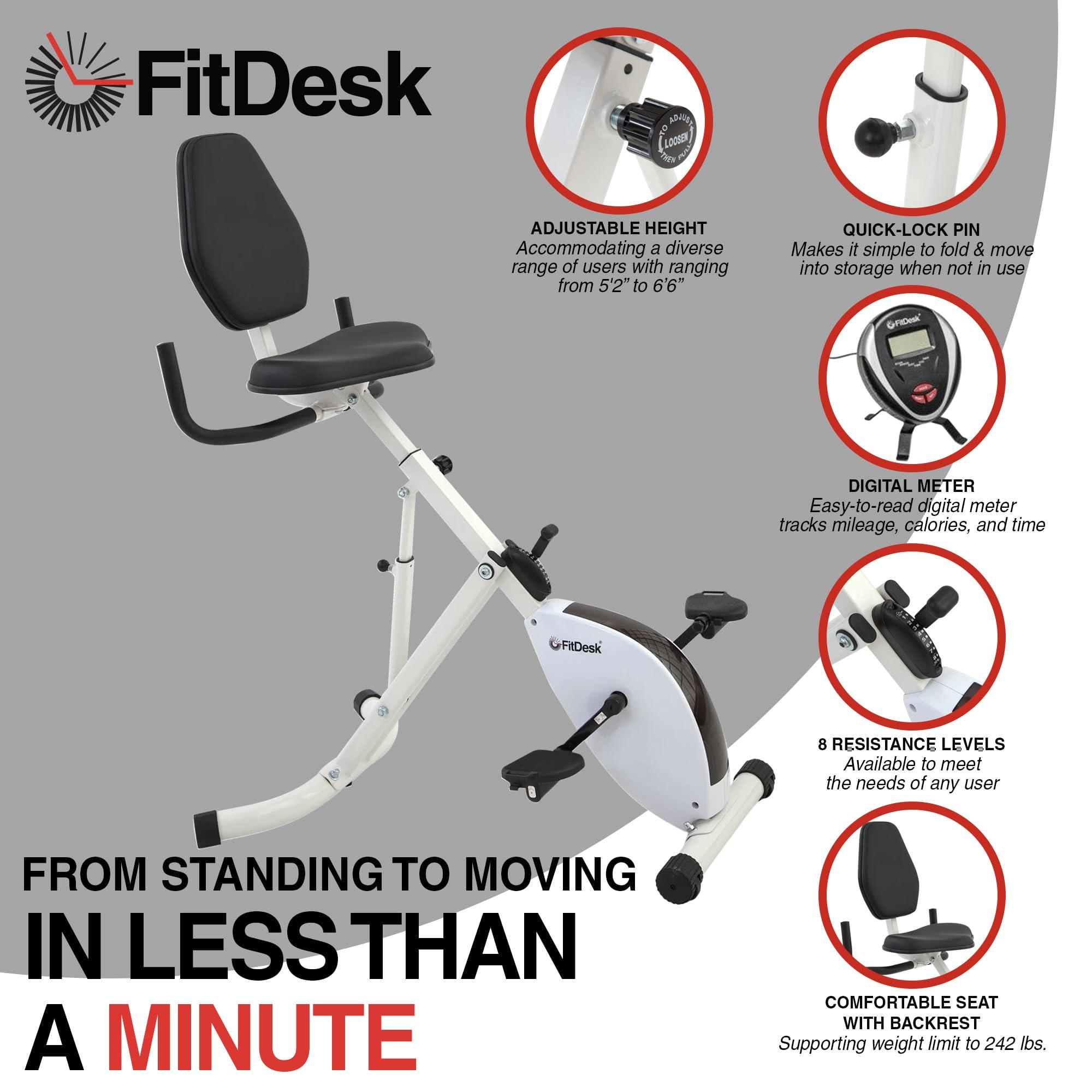 FitDesk FitDesk Standing Desk Bike Height Adjustable Exercise Bike with 8 Resistance Levels, Digital Performance Meter, Foldable, Supports Up to 242 lbs, Indoor Cycling Machine for Home and Office Use, White