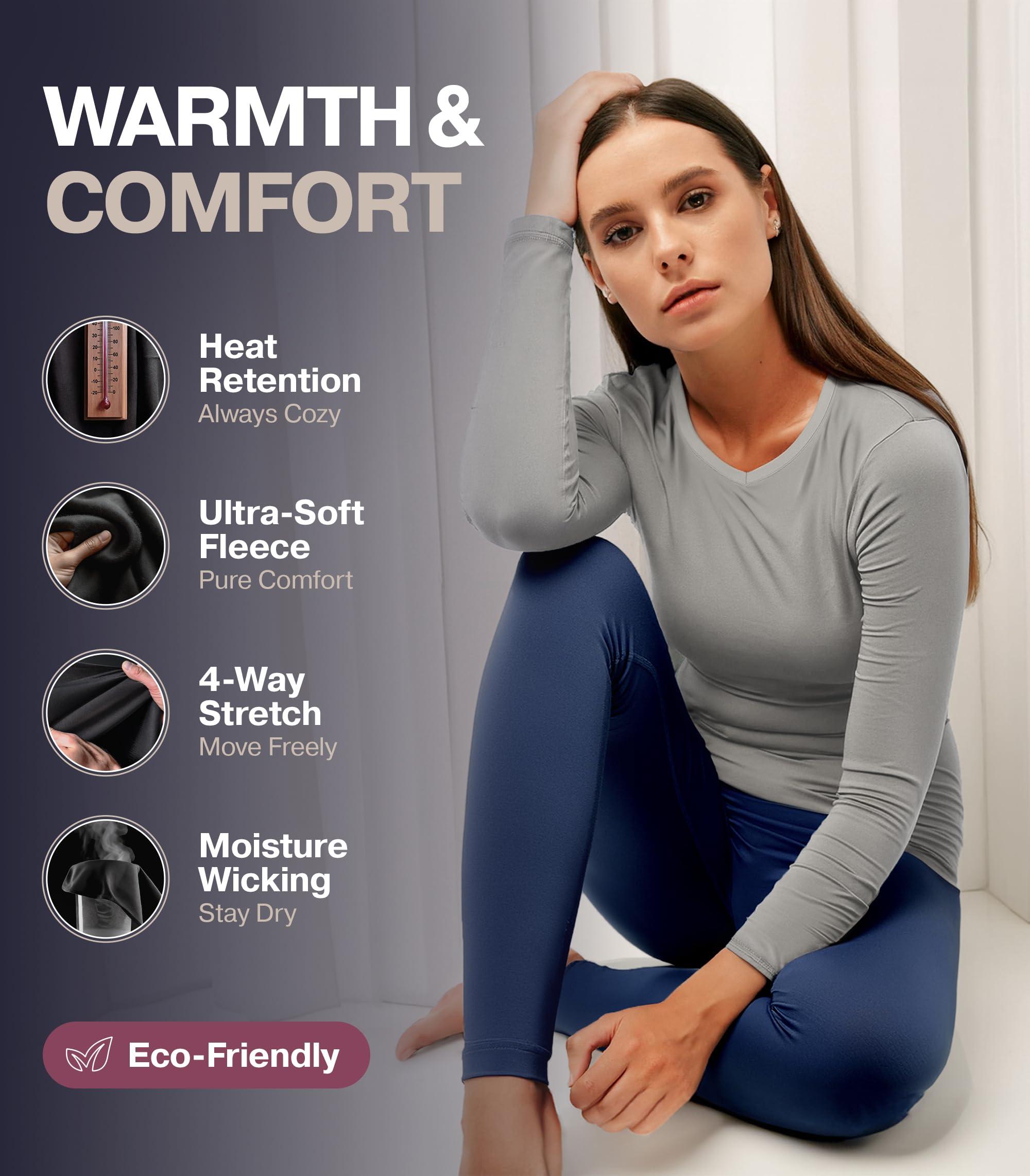 Thermajane Thermajane Long Sleeve V Neck Thermal Shirts for Women Cold Weather, Womens Thermal Underwear Tops, Base Layer Women Thermal (Black, X-Small)