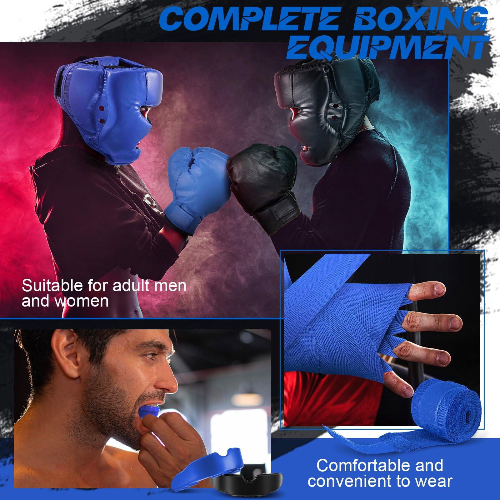 Kanayu Kanayu 14 Pcs Boxing Set Including 2 Pair of 16 oz Boxing Gloves Headgear Helmet Hand Wraps Mouth Guards Gifts for Adults Youth Beginners Training Equipment(Black, Blue)