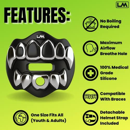 Loud Mouth Loudmouth Football Mouth Guard - 3D Chrome Grillz Football Mouthpiece, Fits Adult & Youth, Mouth Guard Football Accessories (3D Grillz - Chrome Black/Silver)
