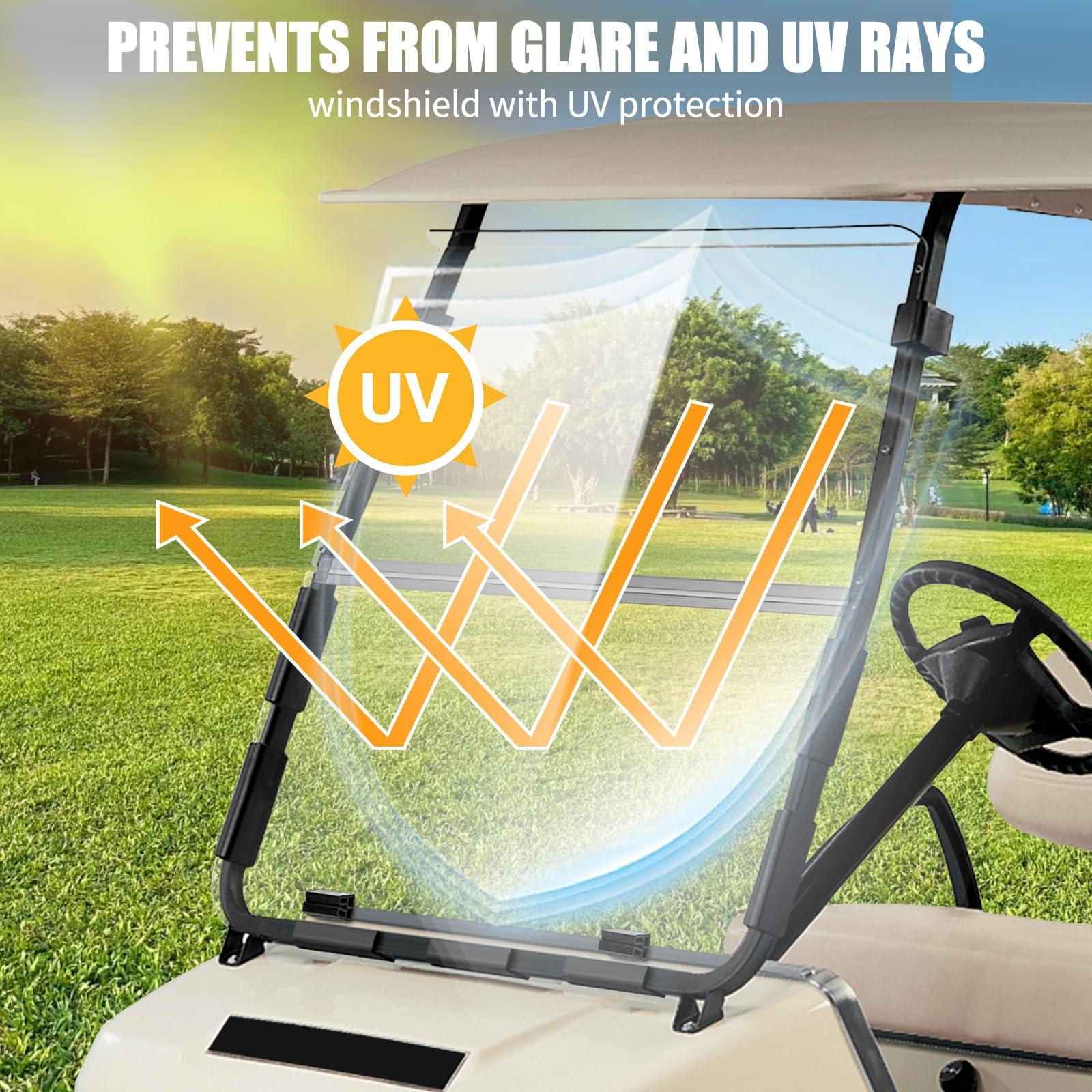RIZINKART Golf Cart Windshield for Club Car DS Gas or Electric (2000-UP Models), Foldable Clear Impact Resistant Club Car Windshield for Golf Cart Fit 1 Inch Square Strut Window Frame (Clear)