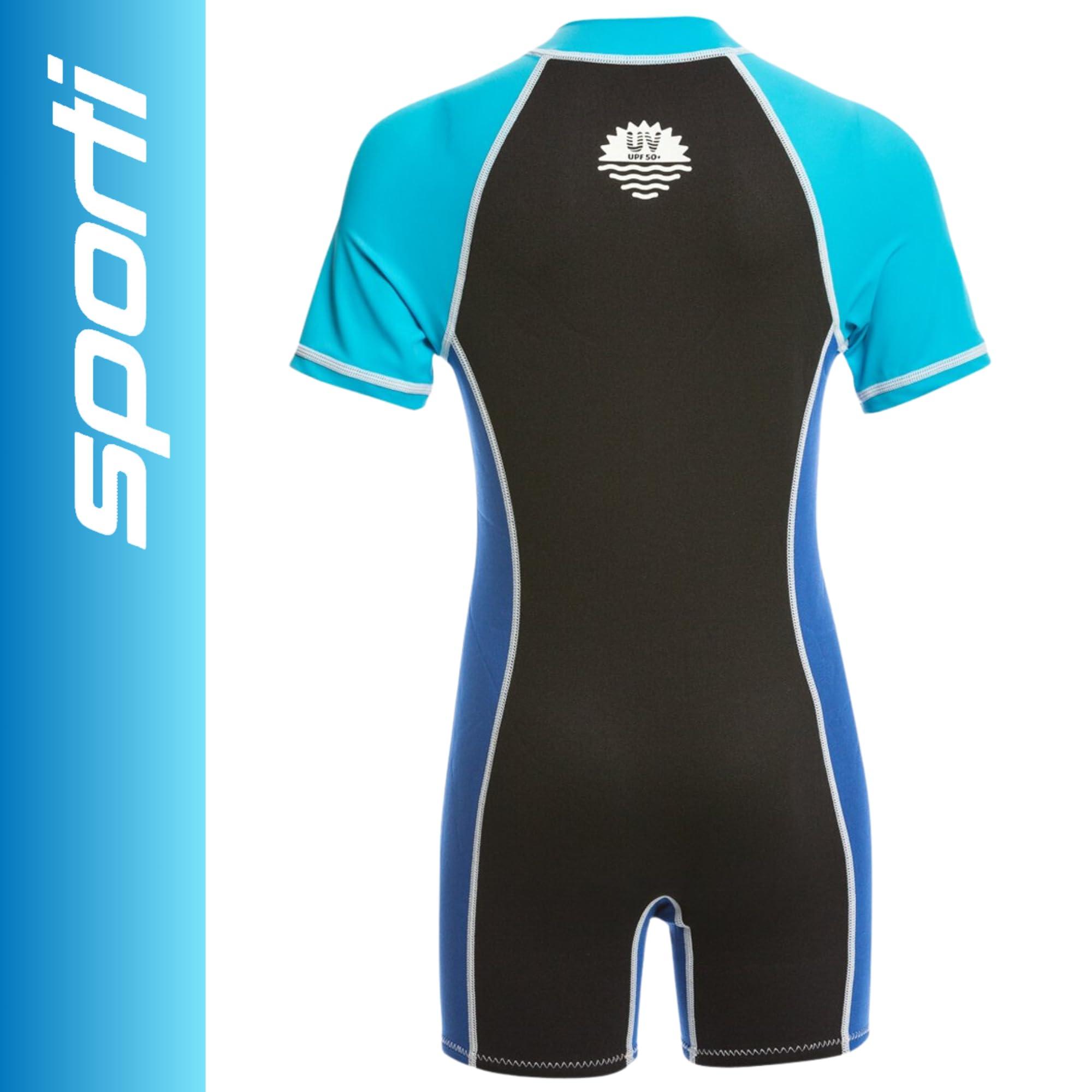 Sporti Sporti Kids Full Wetsuits - Seaskin Wetsuit for Boys Girls - Neoprene Thermal Swimsuits for Swim Practice - Short Sleeve Thermal Swimsuit - 1.5mm UPF 50 Short Sleeve Solid - Black/Blue - 2T
