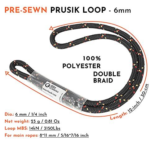 GM CLIMBING GM CLIMBING 12in 6mm Prusik Loop Pre-Sewn for Climbing Arborist Rescue Mountaineering General Outdoor Use (Red, Pack of 3)