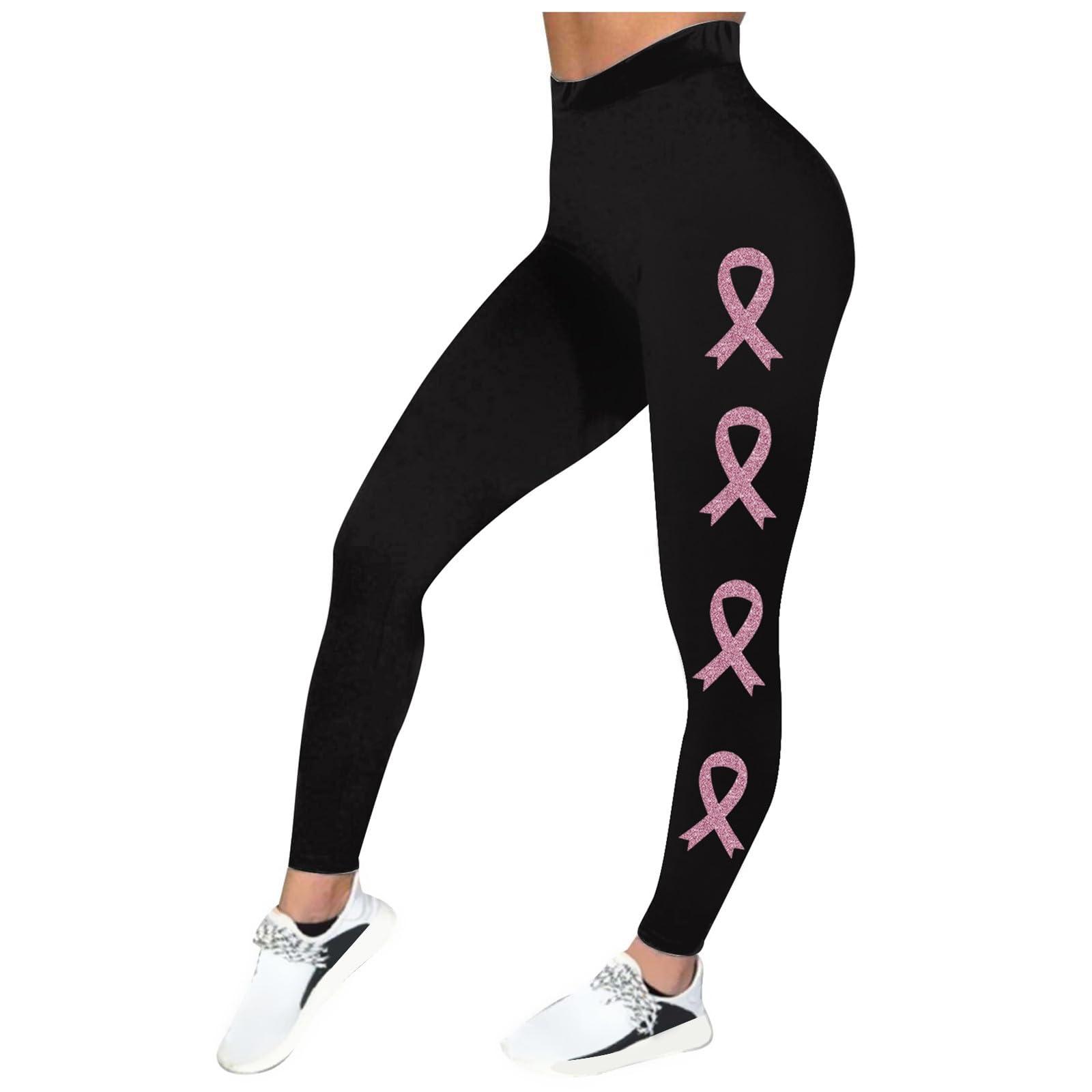 NineFit Basics Pink Ribbon Breast Cancer Awareness Leggings for Women - High Waisted Yoga Pants with Tummy Control - Stretchy Athletic Tights