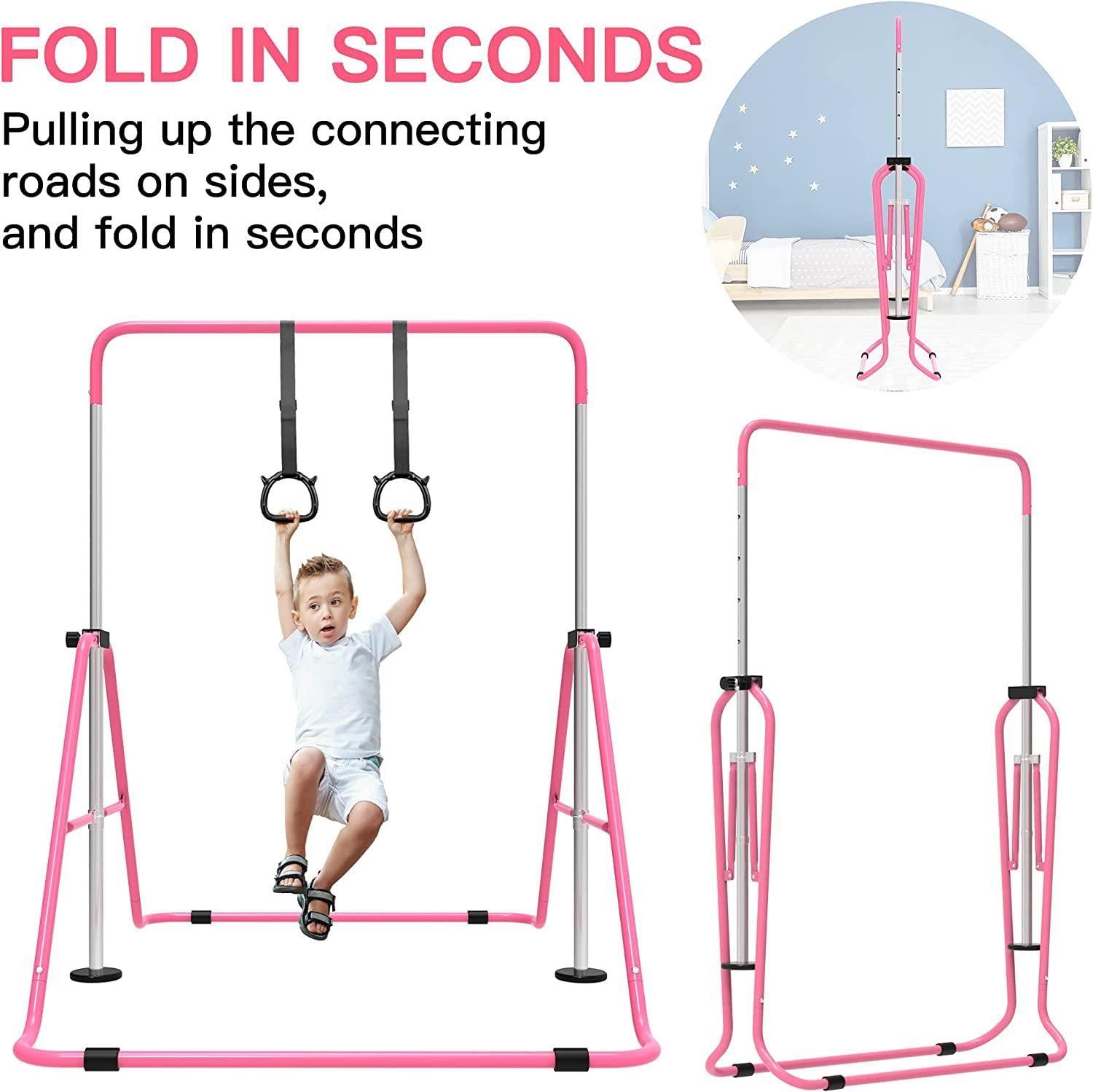 EVERYMILE EVERYMILE Gymnastics Bars for Home, Adjustable Height Folding Horizontal Bars, Junior Training Kip Bar Expandable Gym Equipment, Monkey Bar with Gymnastics Rings for Kids Gifts